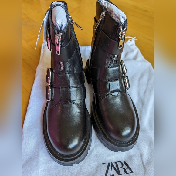 Zara Lug sole 100% leather Mid-calf ankle boots booties buckle and zip 36 6 NWT - Picture 6 of 7
